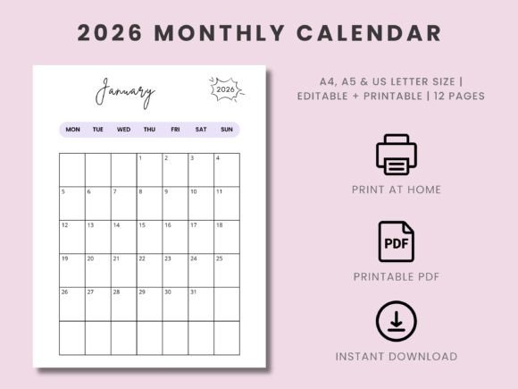 Download Printable Monthly Calendar 2026 Template - Calendar 2026 Collection